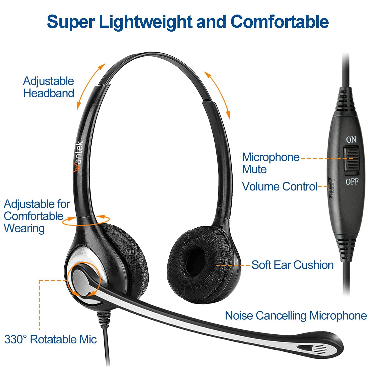 Wantek Rj9 Telephone Headset With Microphone Noise Cancelling, Office Phone Headset Compatible With Plantronics S12 Polycom Vvx3